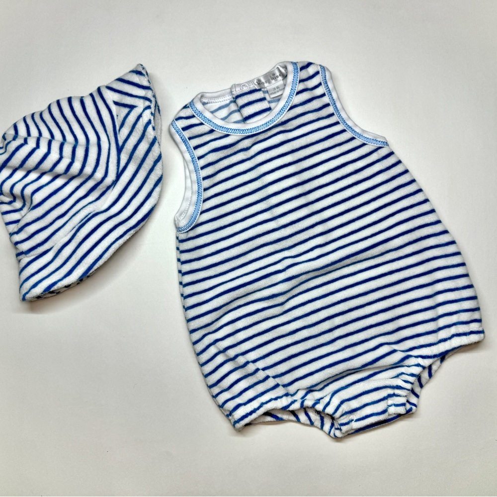 Kissy Kissy Blue and White Striped Baby Romper & Hat Set - 3-6 months